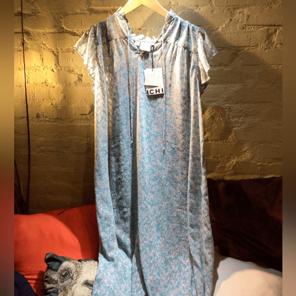 NEW! ICHI Blue Boho prairie Patterned Dress
